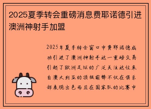 2025夏季转会重磅消息费耶诺德引进澳洲神射手加盟