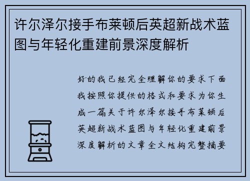 许尔泽尔接手布莱顿后英超新战术蓝图与年轻化重建前景深度解析
